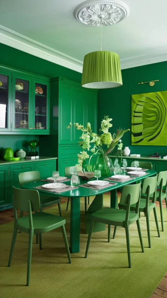 A bold and comfortable green dining room, fully immersed in a striking shade of green for the walls, built-in cabinets, and a long dining table with matching chairs. A large green pleated pendant light hangs above, completing this vibrant and unified green space.
