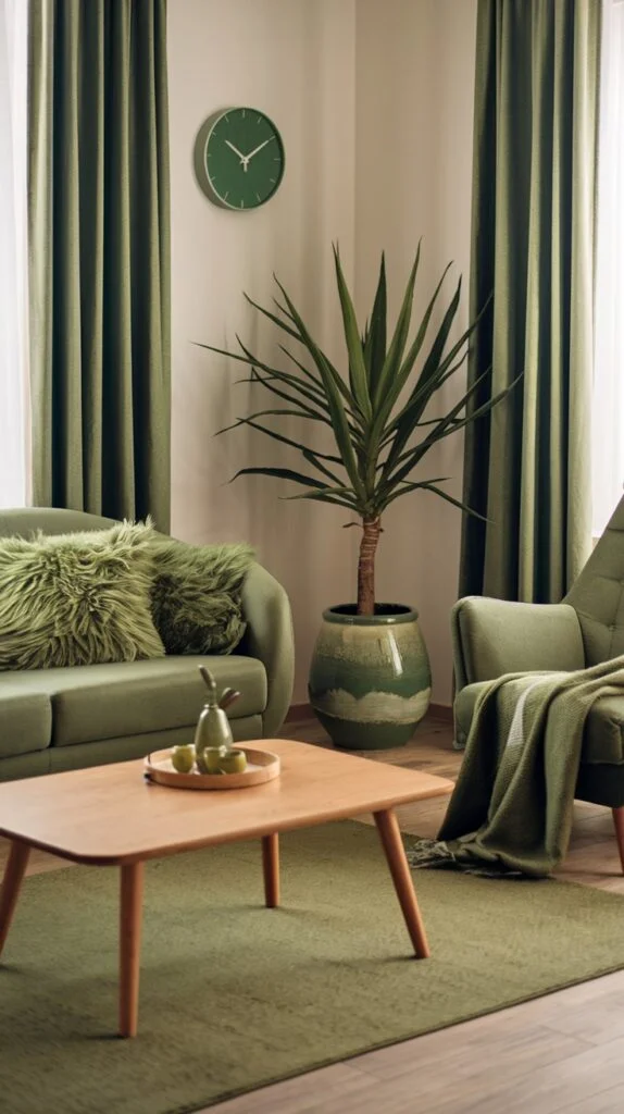 A muted and comfortable green living room, showcasing an olive green sofa adorned with fluffy green pillows, a coordinating green armchair, and matching green curtains. A large central plant and a soft green rug contribute to the cozy and natural ambiance.