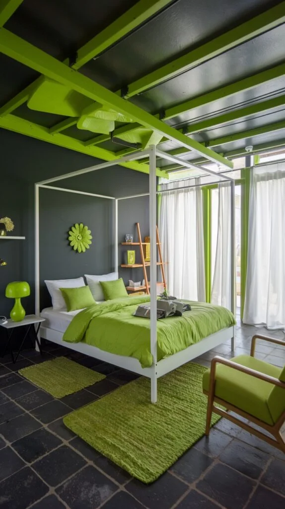 A contemporary and comfortable green and black bedroom, featuring a white four-poster bed with bright lime green bedding and two matching green rugs on a dark tiled floor. The vivid green ceiling beams create a dynamic contrast with the darker elements, making for a playful yet cozy green retreat.