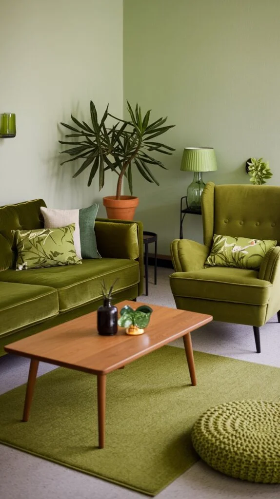 A classic and comfortable green living room with soft sage green walls, a plush olive green velvet sofa, and a matching armchair. A coordinating green rug anchors the seating area, creating a warm and inviting green space.