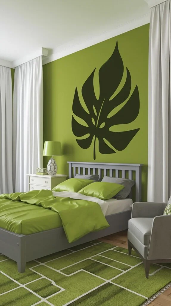 A refreshing and comfortable green bedroom with vivid lime green walls, green bedding, and a large dark green monstera leaf decal on the wall. A geometric green and white rug adds visual interest to this tranquil and green sleeping area.