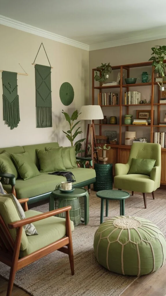 A natural and comfortable green living room, featuring a green sofa, two green armchairs (one wooden framed, one upholstered), and small green side tables. Various plants, green wall hangings, and a prominent green pouf contribute to the earthy and inviting green aesthetic.