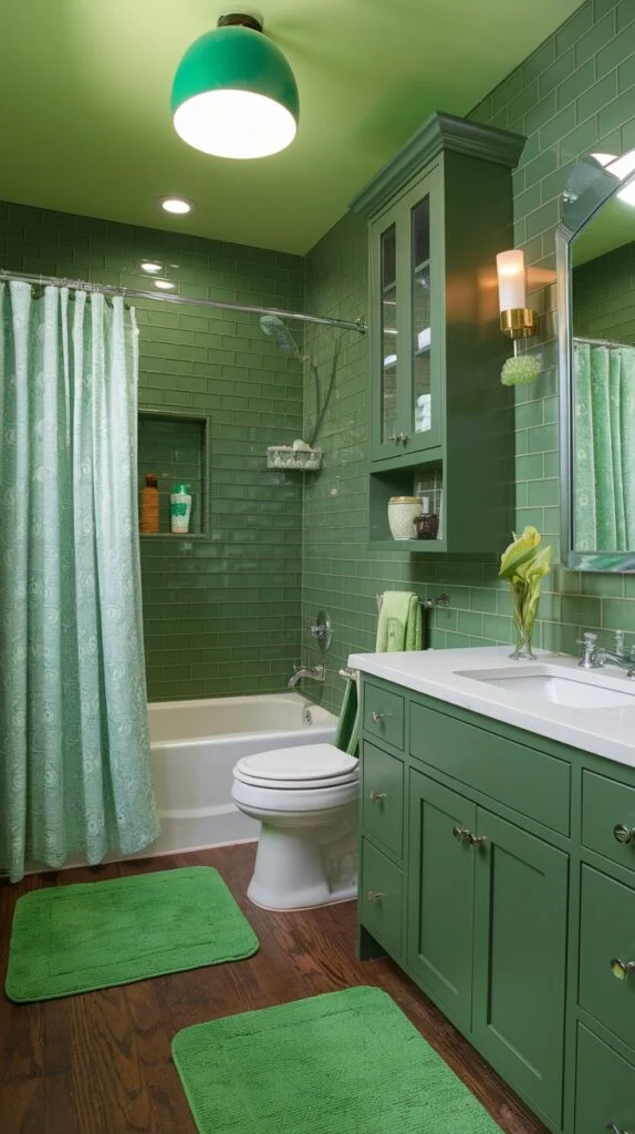 A vibrant and comfortable green bathroom, characterized by its glossy green subway tiles on the walls and a matching green vanity cabinet. A lighter green shower curtain and bath mats complement the overall green theme, creating a fresh and clean space.