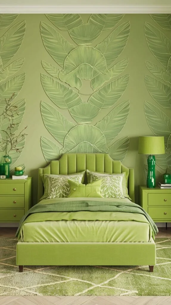 An immersive and comfortable green bedroom, dominated by varying shades of green. The room features green walls with embossed leaf patterns, a green upholstered bed frame, and coordinating green bedding and nightstands. The extensive use of green creates a serene and enveloping atmosphere.
