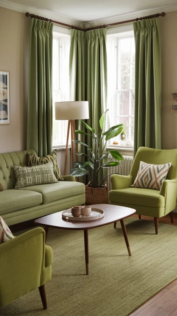 A cozy and comfortable green living room, featuring a light olive green sofa, two matching armchairs, and floor-length green curtains. The soft green rug ties the room together, creating a relaxed and inviting green conversational space.