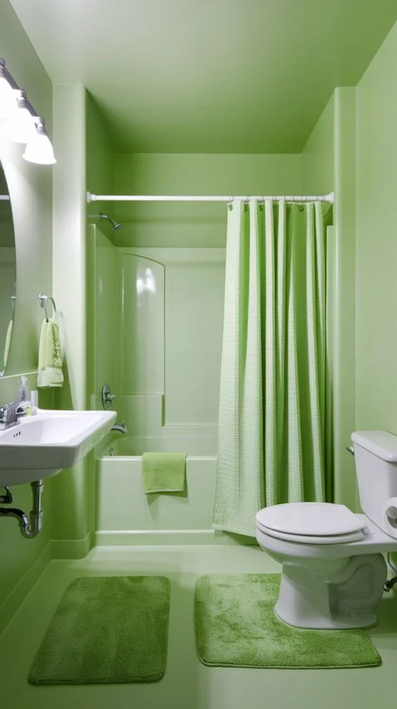 A light and comfortable green bathroom, with soft pastel green walls, flooring, and a matching green bathtub. A crisp white toilet and sink provide a clean contrast, completing this bright and soothing green washroom.