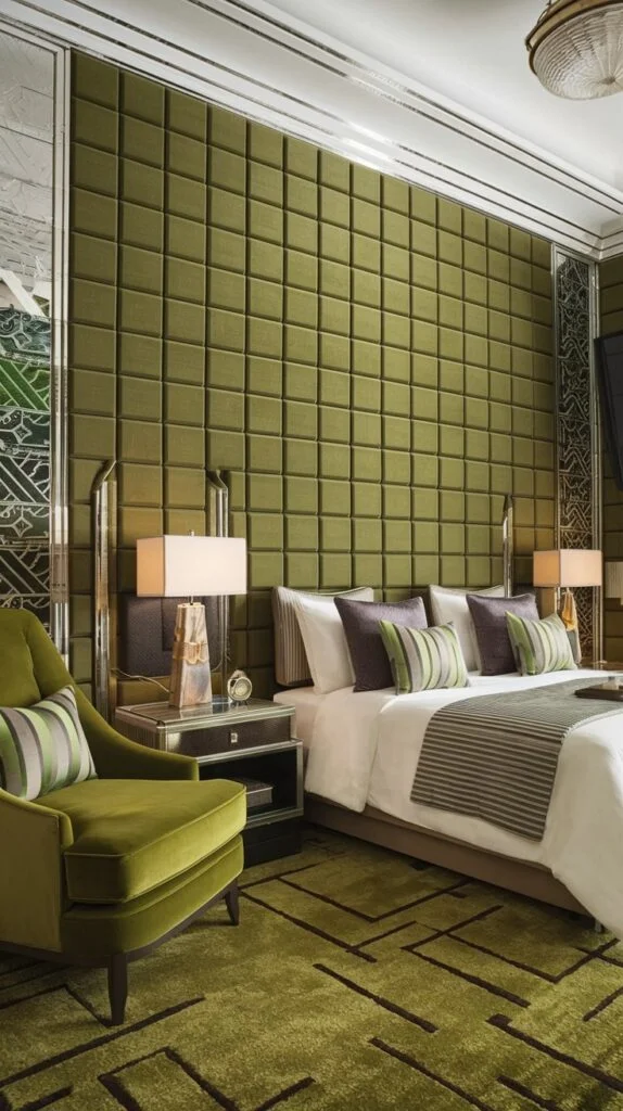 A luxurious and comfortable green bedroom, highlighted by a striking padded headboard wall in a rich olive green. A plush green velvet armchair and a geometric-patterned green rug add to the sophisticated and serene ambiance of this green sleeping sanctuary.