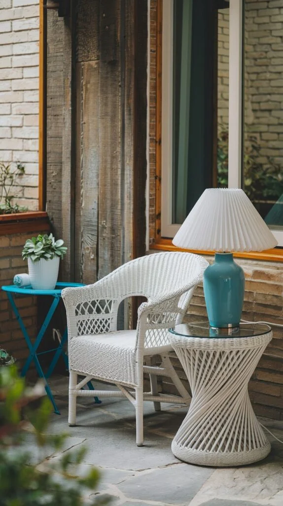 Small balcony nook with white wicker chair, blue folding table, and white spiral side table topped with teal lamp against brick wall.