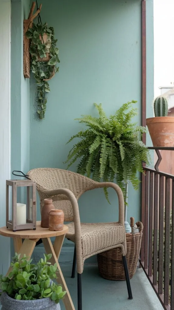 Small balcony with light wicker chair, wooden side table with lantern, and plants against teal wall.