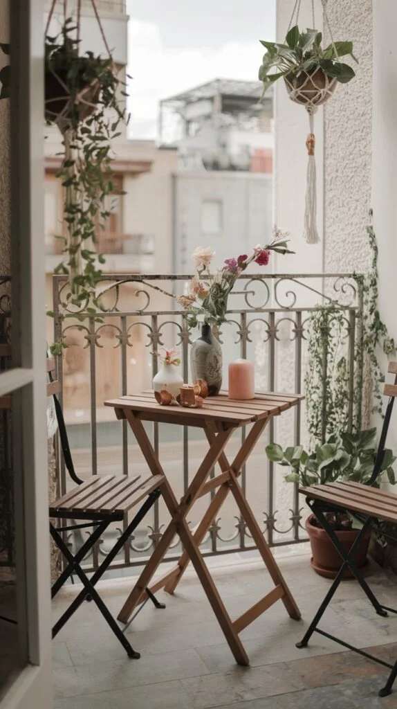 Small balcony with wooden folding table and chairs, flowers in vase, and hanging plants.