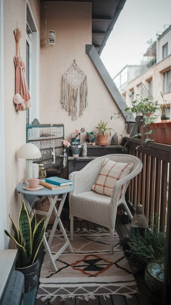 Small balcony with white wicker chair, blue folding table, patterned rug, books, and lamp.