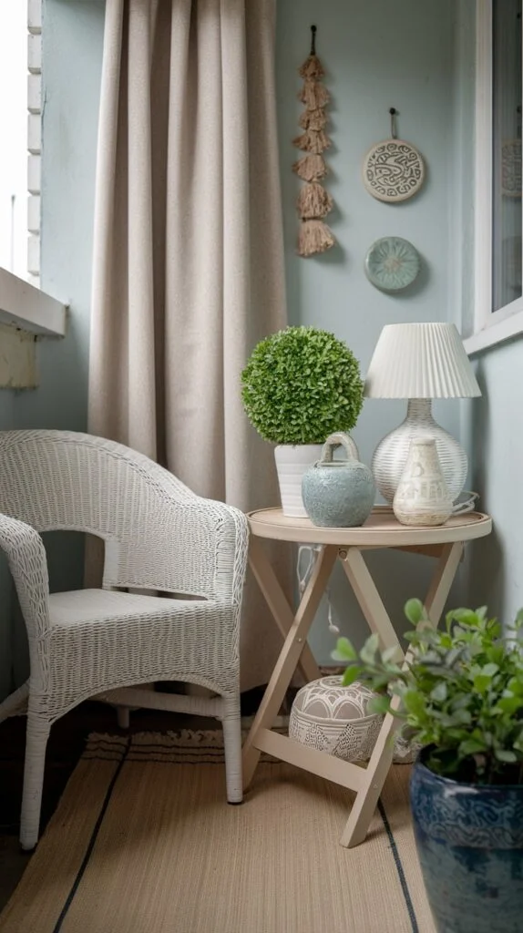 Small balcony corner with white wicker chair, light wooden folding table, lamp, potted plants, beige curtains, and rug.