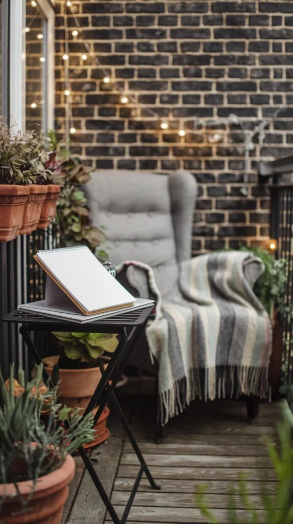 Small balcony with plush gray armchair, striped blanket, small black folding table, and string lights.