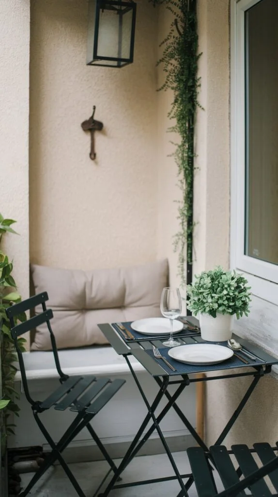Small balcony dining setup with built-in bench, two black metal chairs, folding table, and hanging greenery.