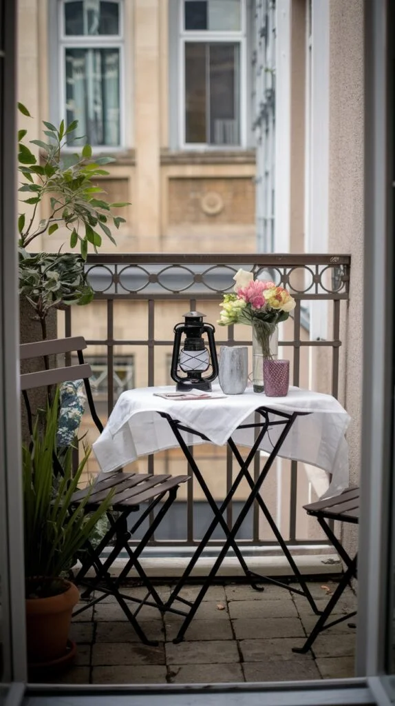 Small balcony with white-covered folding table, two chairs, and lantern.