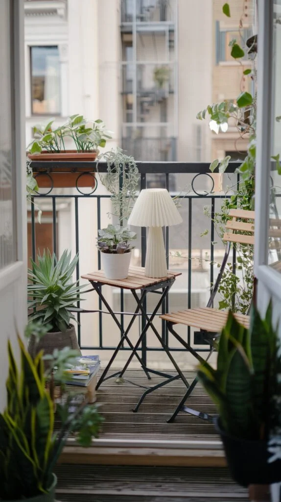 Small balcony filled with various plants, wooden folding table and chairs, and white lamp.