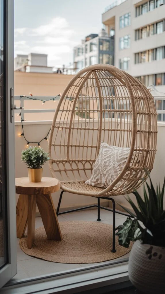 Small balcony with egg-shaped rattan chair, wooden side table, round rug, and string lights.