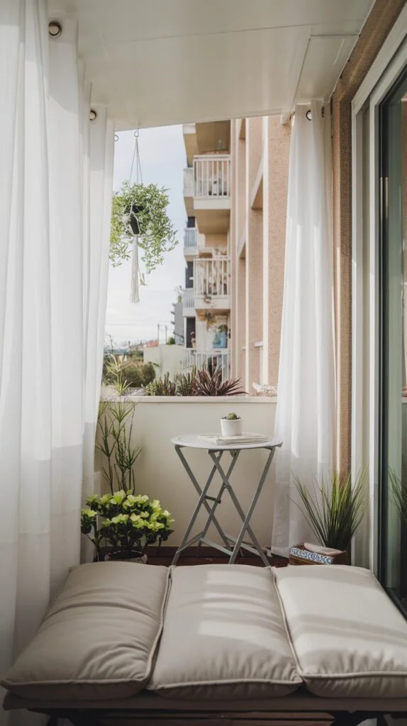 Small balcony with long cushioned seating, white folding table, and sheer white curtains.