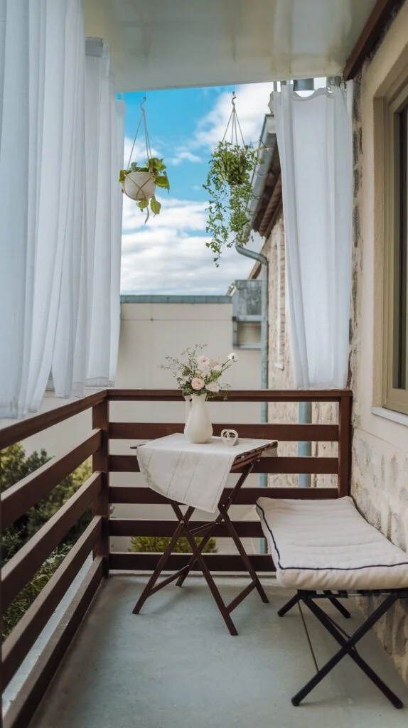 Small balcony with wooden railing, folding table, cushioned bench, and white curtains.