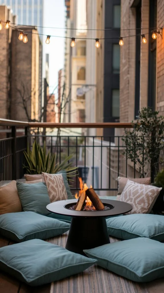 Small balcony with light blue floor cushions around modern fire pit and string lights.