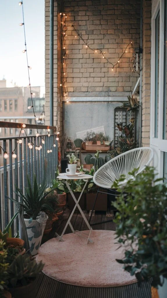 Small balcony with round pink rug, white folding table, modern white chair, potted plants, and string lights.
