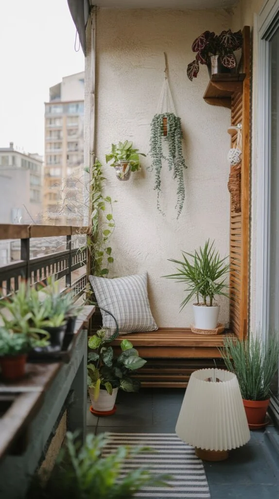 Small balcony with wooden bench, potted plants including hanging ones, and pleated lamp.