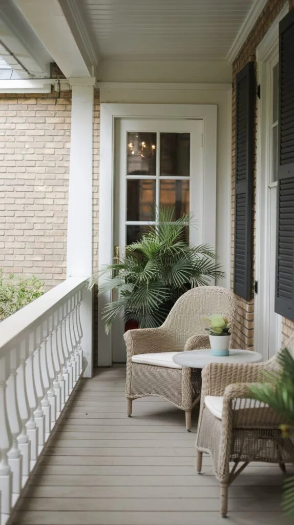 Small porch or balcony with two light wicker chairs, small round table, and lush plants.