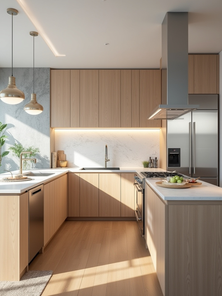 Kitchen showcasing warm and cool color temperature lighting