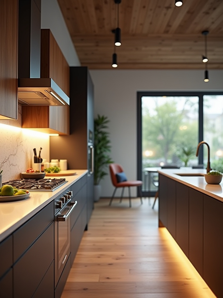 Modern kitchen showing defined lighting zones