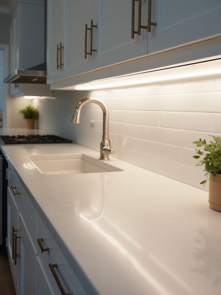 Under-cabinet LED lighting illuminating kitchen countertop