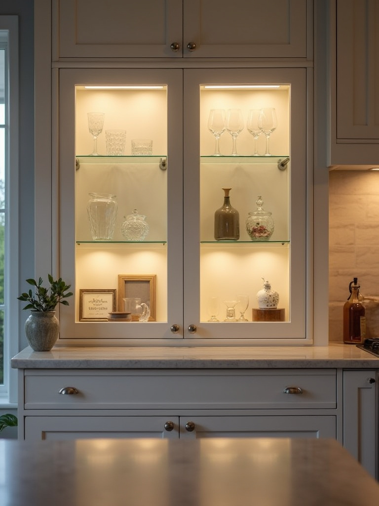 In-cabinet lighting showcasing glassware