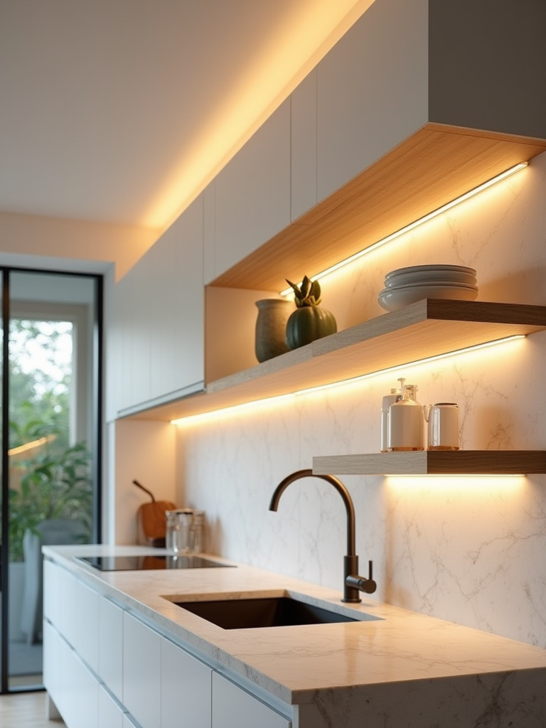 Kitchen with LED strip coving and shelf backlighting