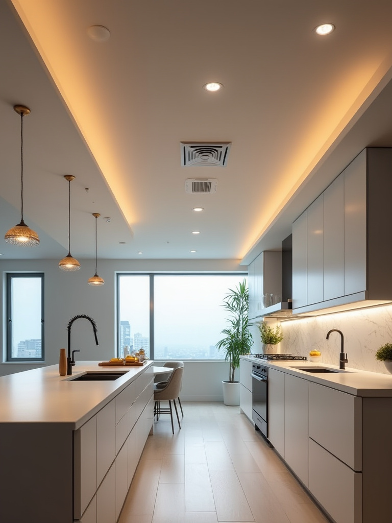 Recessed LED fixtures with heat sinks in kitchen ceiling