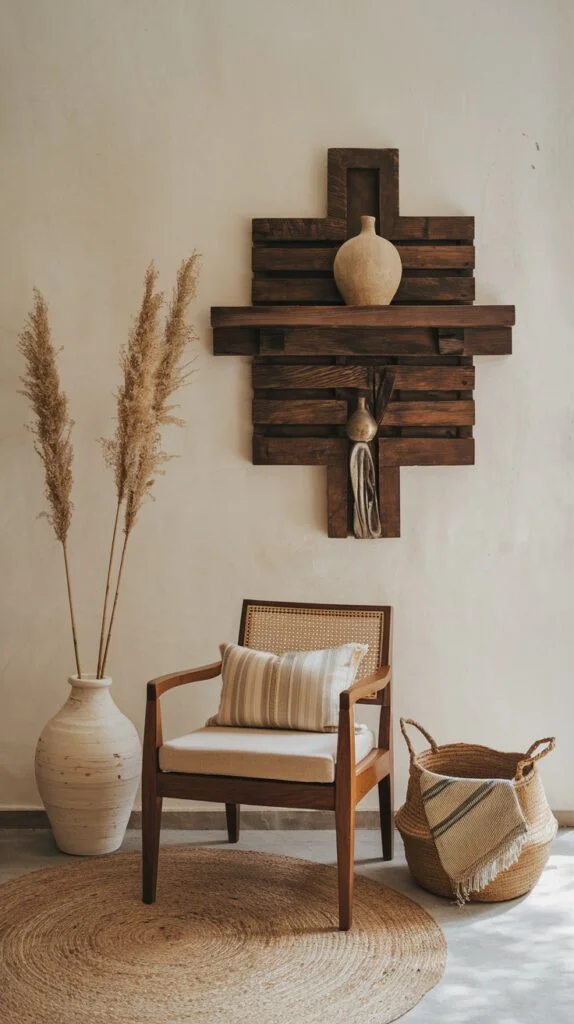 Minimalist vignette with wooden armchair, striped cushion, pampas grass in vase, woven basket, and wooden wall sculpture.