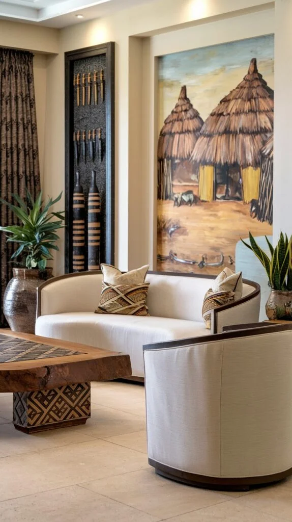 Living room with white sofas, patterned cushions, carved wooden coffee table, large painting of traditional huts, and display cabinet with artifacts.