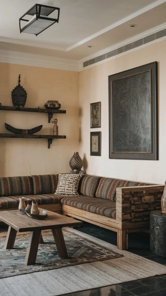 L-shaped sofa with vibrant patterned upholstery, rustic wooden coffee table, wall shelves with African sculptures and pottery.