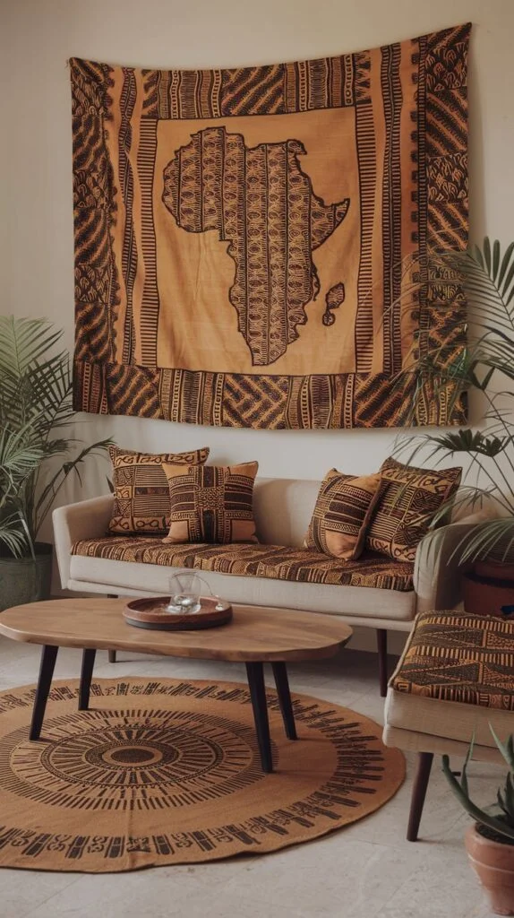 Light sofa with patterned cushions, oval wooden coffee table, round patterned rug, and large African map tapestry on the wall.