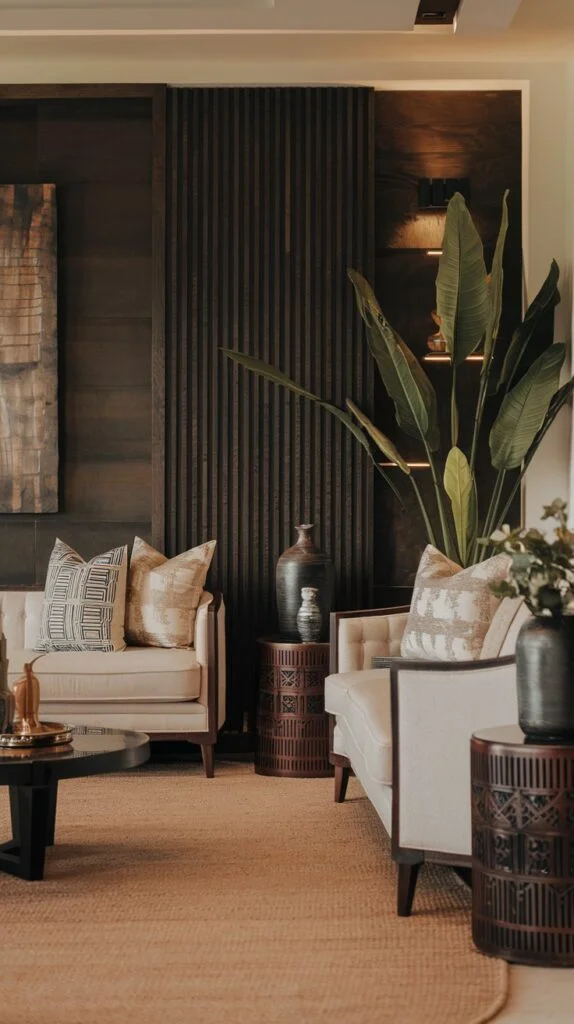 Two light sofas facing each other with dark wooden wall paneling, round wooden side tables, and lush potted plants.