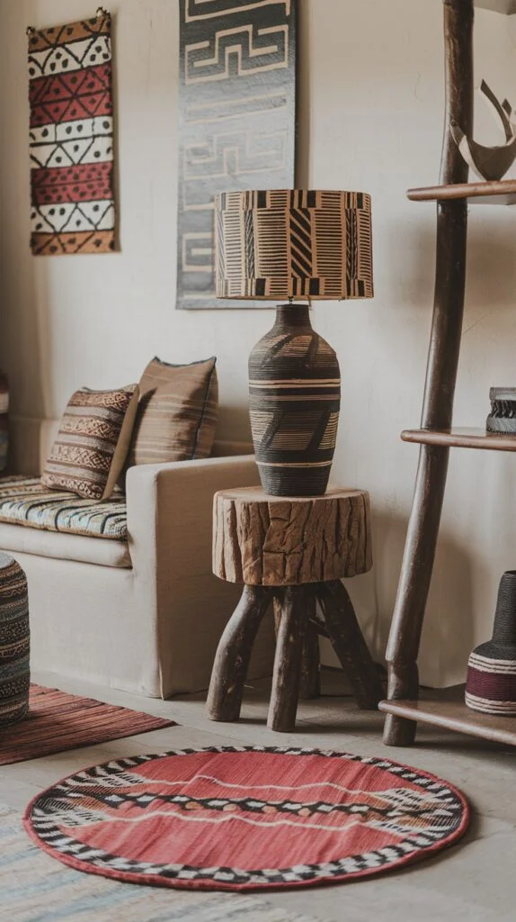 Light sofa with patterned cushions, rustic tree stump side table with patterned lamp, small red patterned rug, and patterned wall hangings.