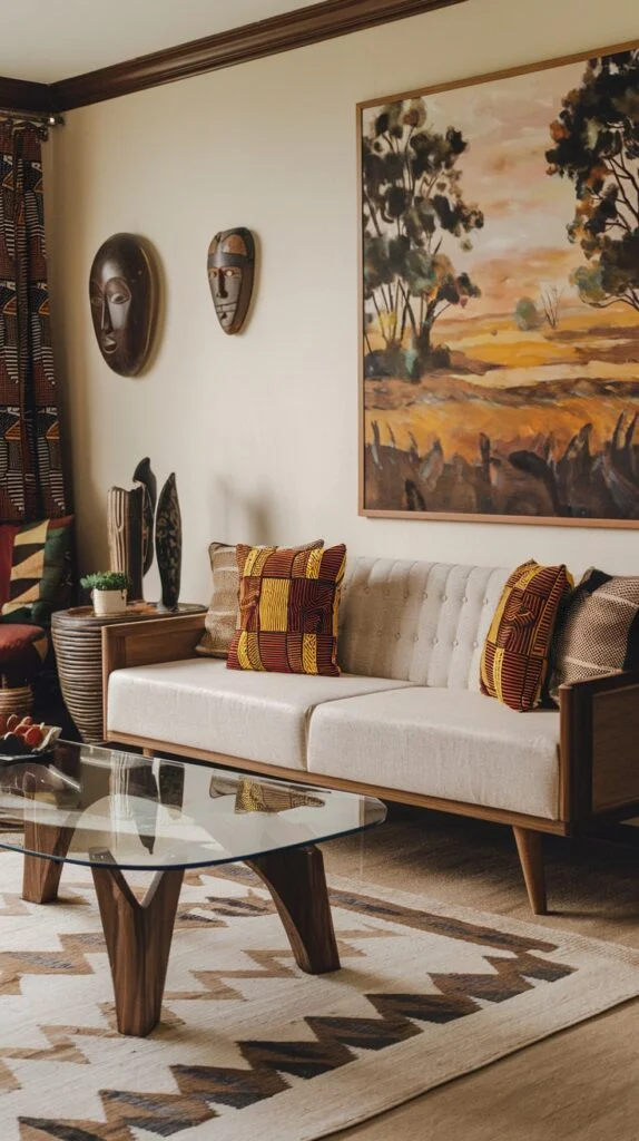 Light sofa with patterned cushions, glass-top coffee table, large landscape painting, and two traditional African masks on the wall.