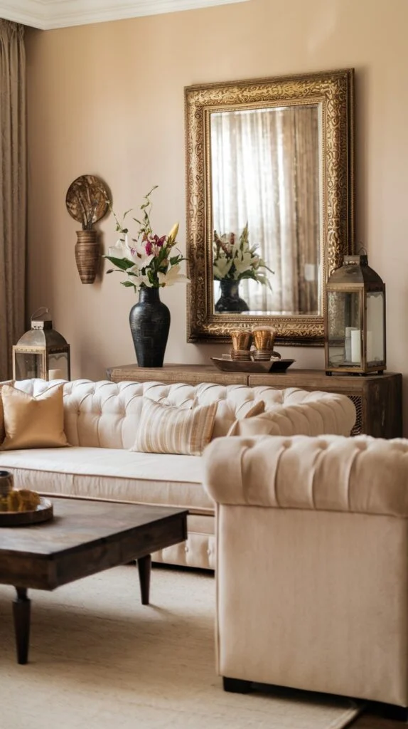 Light tufted sofa and armchair, ornate gold-framed mirror, metal lanterns, and wooden console table with decor.