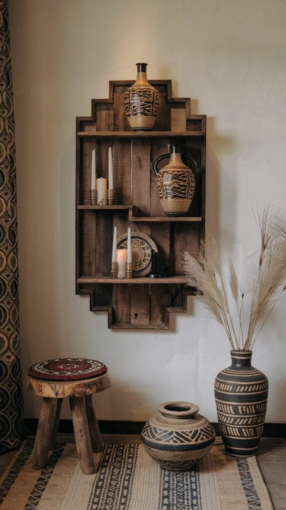 Wooden wall shelf with patterned vases and candles, rustic tree stump stool, large vase with pampas grass, and striped floor mat.