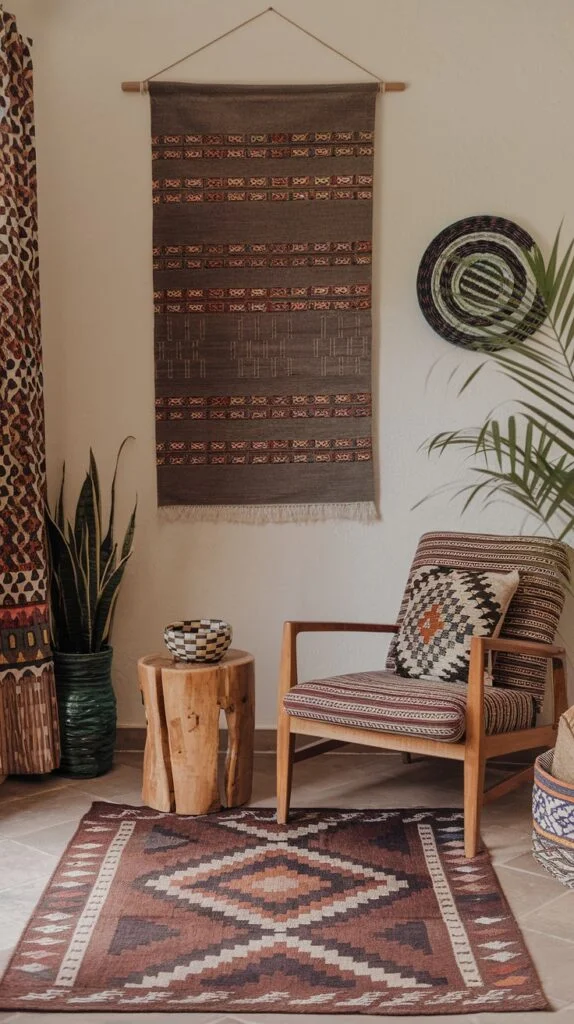 Wooden armchair with patterned cushion, tree stump side table, vertical patterned tapestry, round woven wall decoration, and geometric rug.