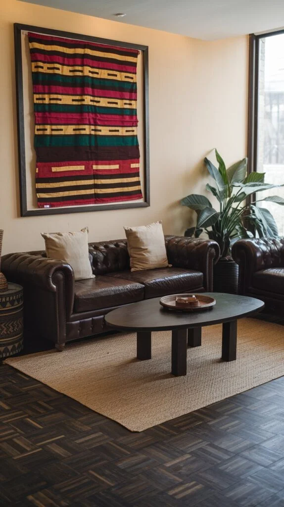 Dark brown leather Chesterfield sofa, dark oval coffee table, natural fiber rug, and large framed Kente cloth-inspired wall hanging.