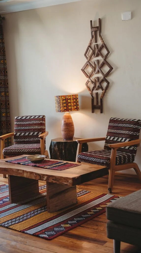 Two wooden armchairs with black and white geometric upholstery, wooden coffee table with runner, tree stump side table with patterned lamp, and geometric wooden wall sculpture.