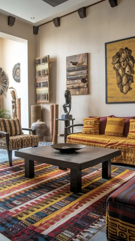 Yellow sofa with patterned cushions, striped armchair, dark wooden coffee table, colorful striped rug, and various wooden sculptures and wall art.