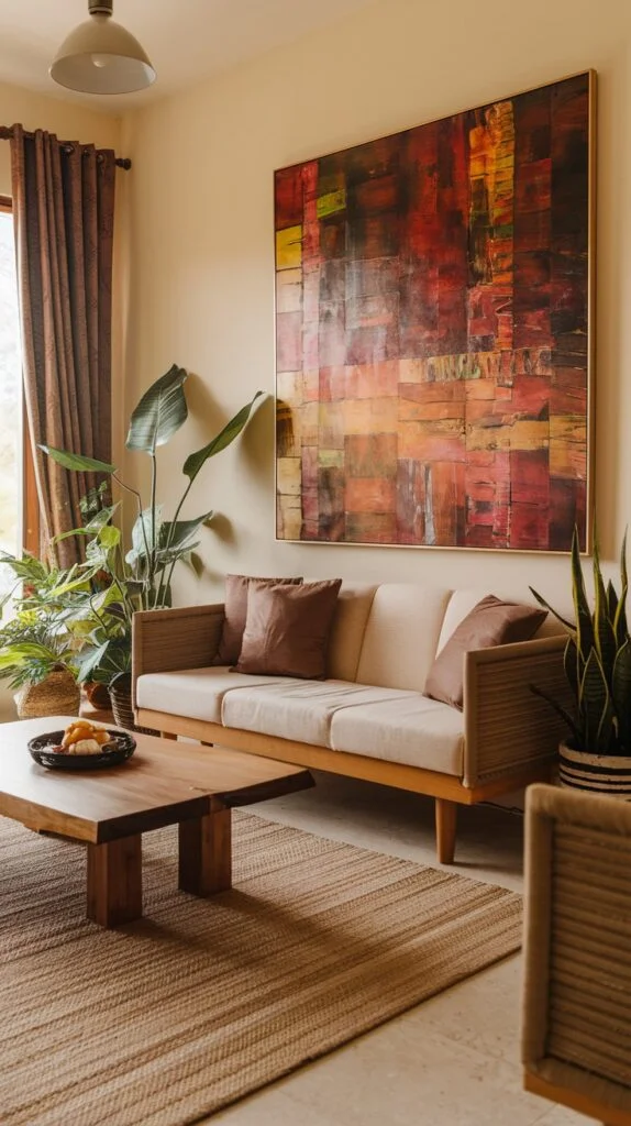 Neutral sofa, simple wooden coffee table, large abstract painting with warm earthy tones, and lush potted plant.