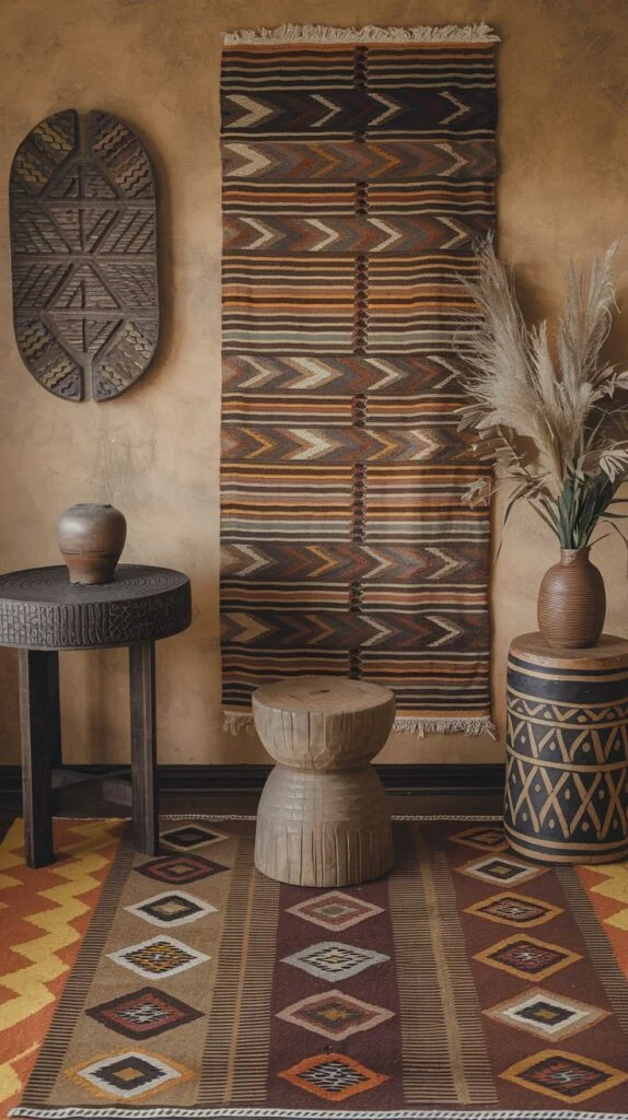 Wooden side table with pottery, small wooden stool, diamond patterned rug, long patterned wall hanging, and carved wooden wall art.