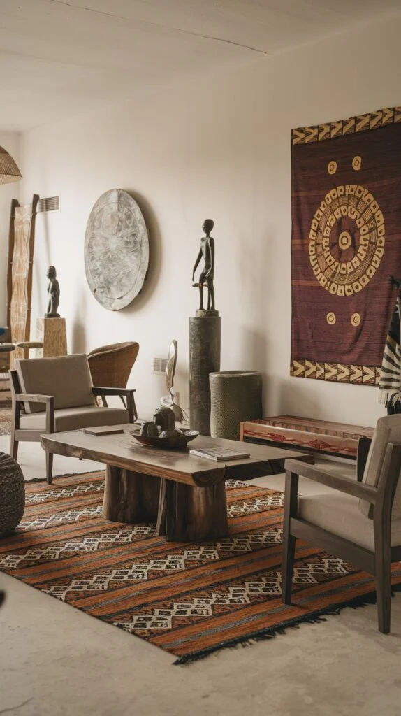 Light sofa, large wooden coffee table, armchairs, vibrant geometric rug, circular wall art, and African sculptures on pedestals.