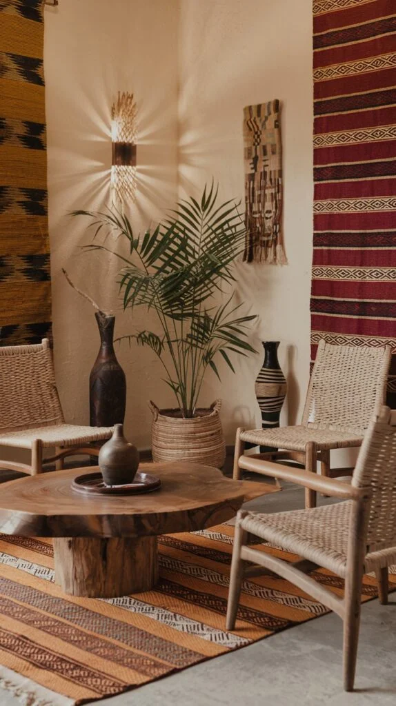 Two wooden chairs with woven seats, organic wooden coffee table, striped rug, unique wall sconce, and potted palm plants.